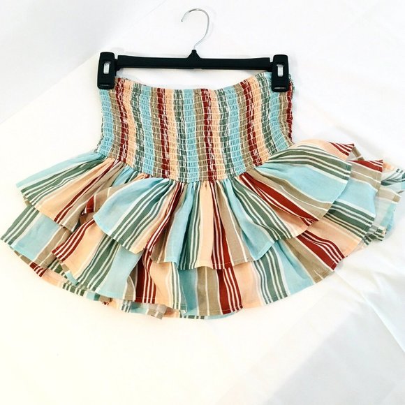 Pilyq Stripe Smocked Mini Skirt +Tie Top Sz XS Beach Cover Up 2Pc Swim Resort - Picture 6 of 12